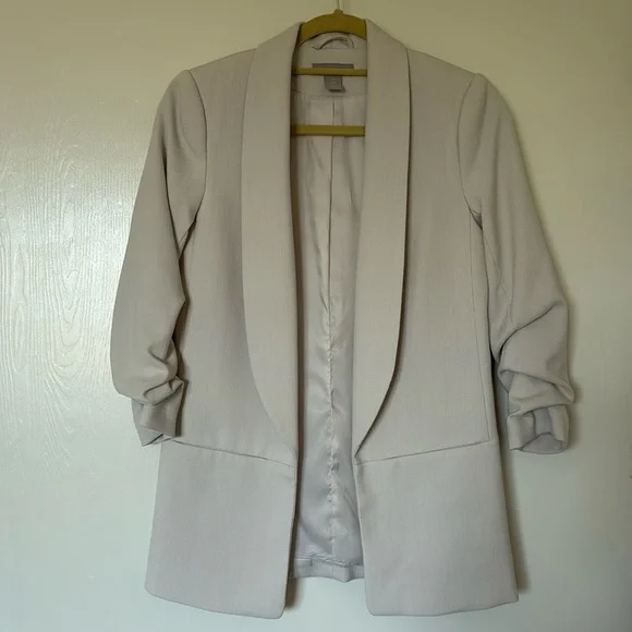 H&M Jackets Coats Hm Gathered Sleeve Longline Beige Blazer